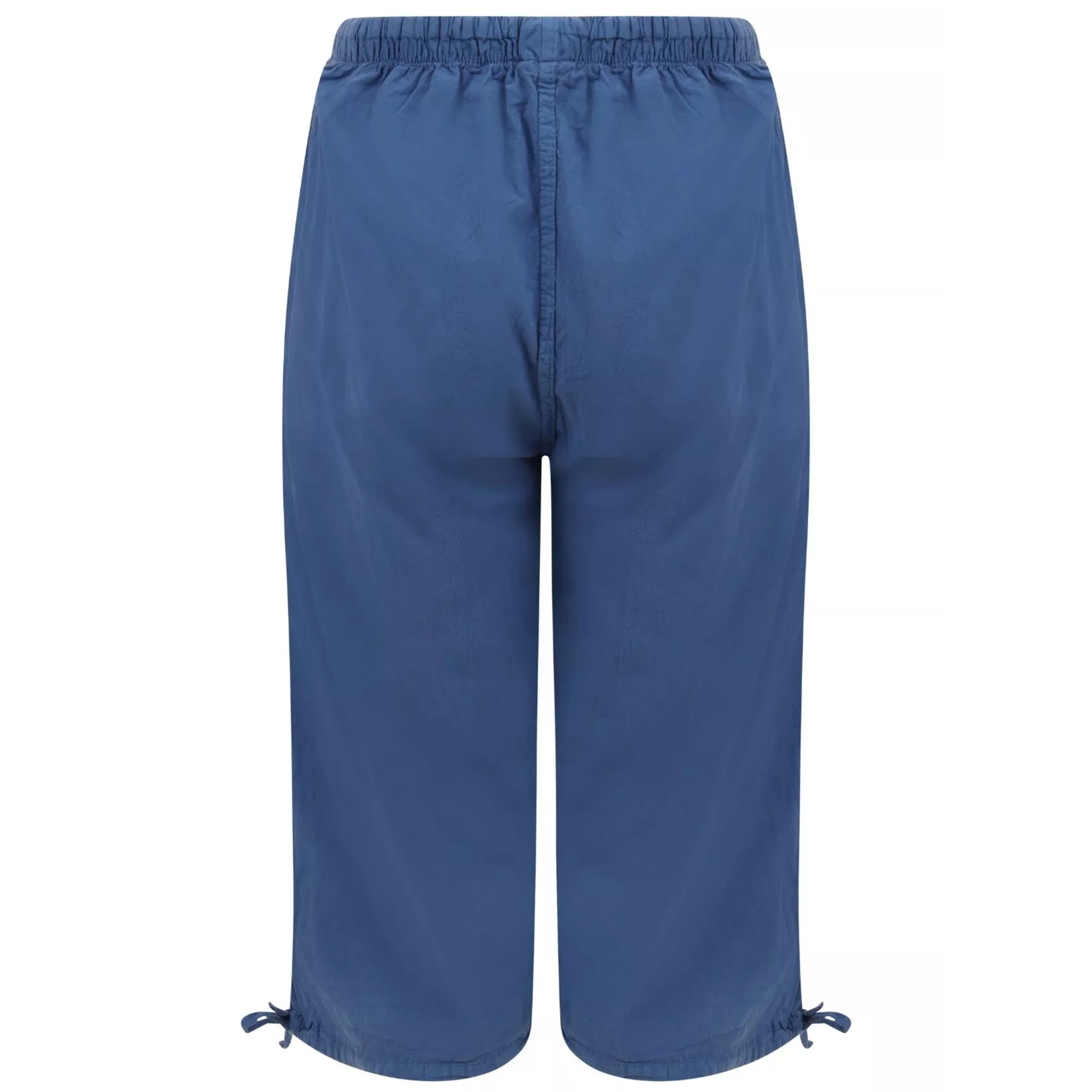 Ladies blue 3/4 length pedal pusher shorts with drawstring waist and pockets